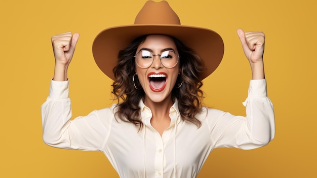 Beautiful hispanic woman wearing elegant shirt and glasses very happy and excited doing winner gesture with arms raised smiling and screaming for success celebration concept