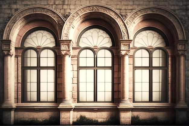 Beautiful historical arched windows with stone design in building