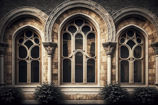 Beautiful historical arched windows with stone design in building