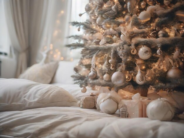 Beautiful holdiay decorated room with Christmas tree with presents under i