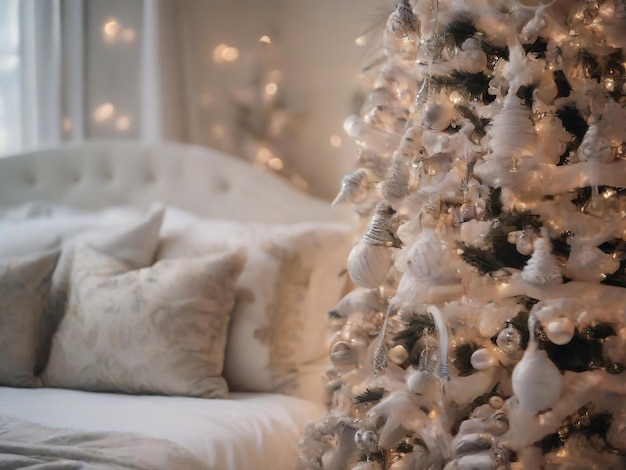 Beautiful holdiay decorated room with Christmas tree with presents under i
