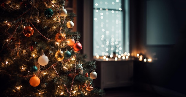 Beautiful holdiay decorated room with christmas tree with presents under merry christmas holiday