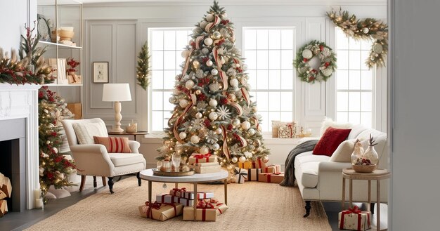 Beautiful holdiay decorated room with christmas tree with presents under merry christmas holiday