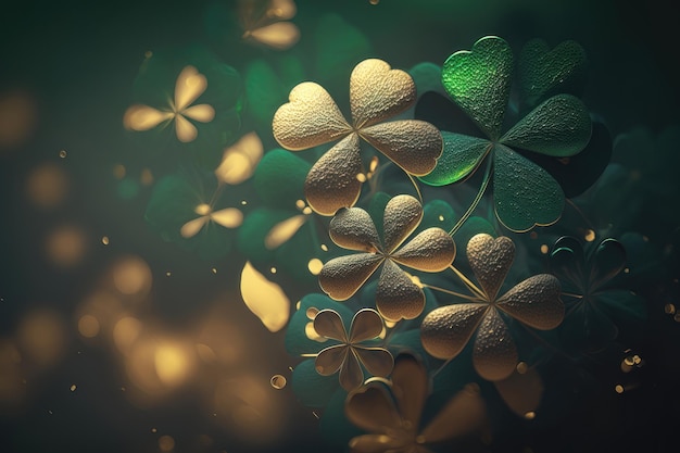A beautiful holiday background with glowing clovers St Patrick's Day concept AI generation
