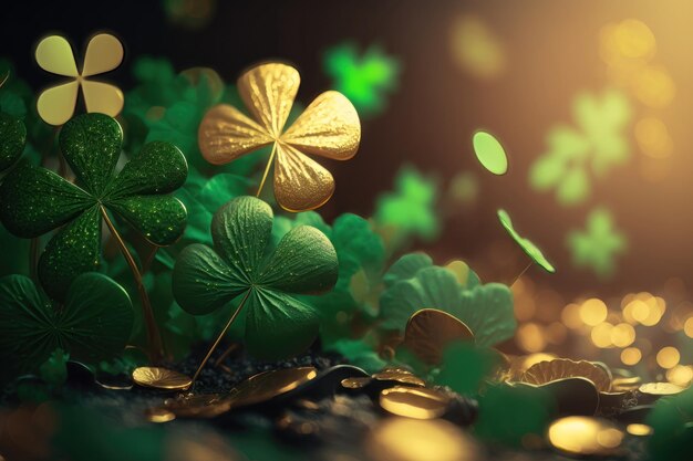 A beautiful holiday background with glowing clovers St Patrick's Day concept AI generation