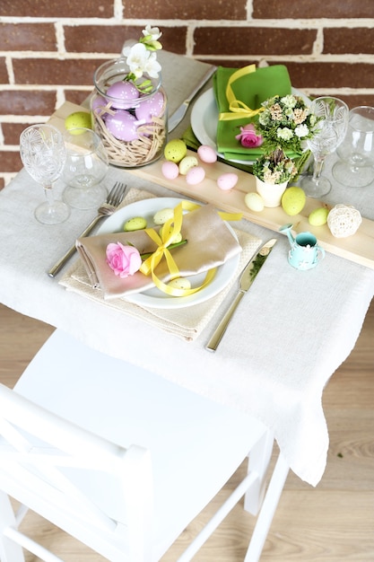 Beautiful holiday Easter table setting, on bright