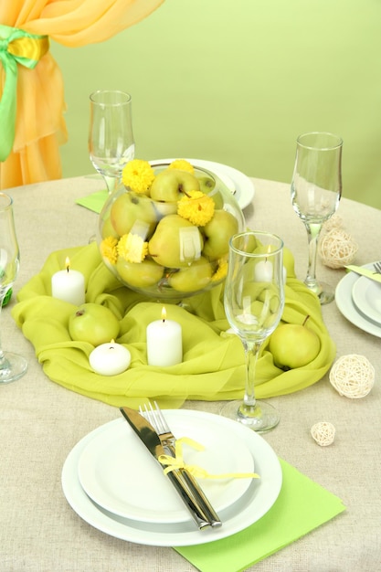 Beautiful holiday table setting with apples close up