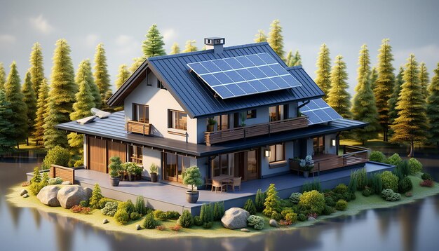 beautiful home 3d ICON with solar panels isometric 3D render house