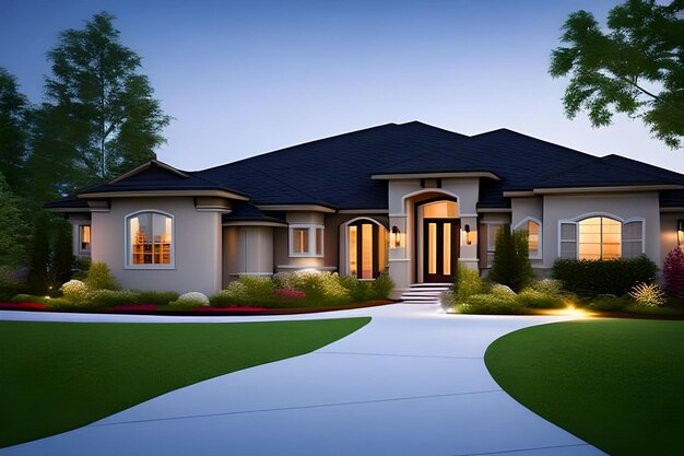 Beautiful home exterior in evening