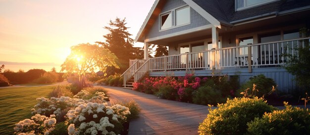 Photo beautiful home exterior with sunshine or sunrise