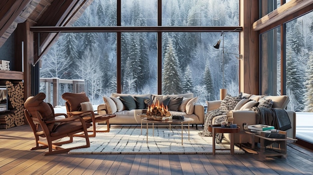 Beautiful home interior of a chic country chalet with a huge panoramic window Generative Ai