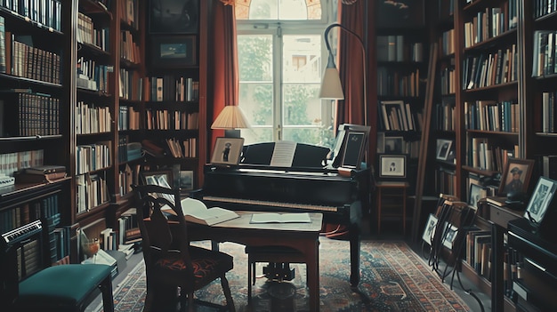 Photo a beautiful home library with a grand piano the room is filled with bookshelves a large desk and a comfortable chair