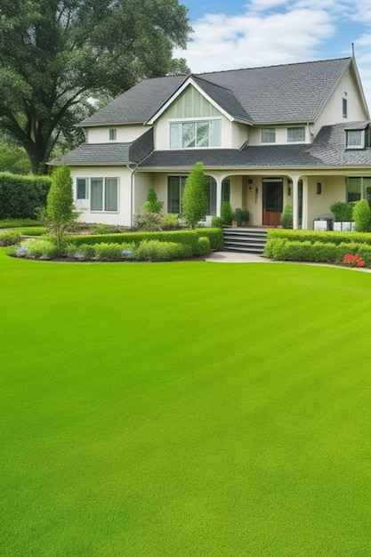 Photo beautiful home with green grass yard