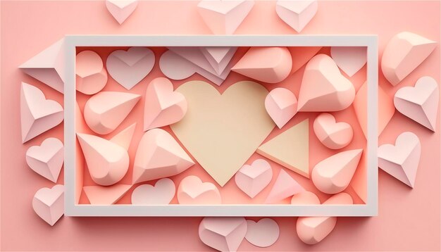 Beautiful horizontal banner with pastel pink tones paper texture decorated with hearts wedding background Copy space Happy Valentine39s Day template Pastel colors AI generated