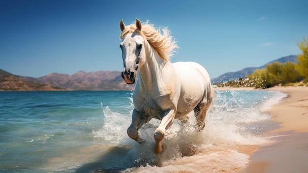 Beautiful horse fast racing on the sea bank