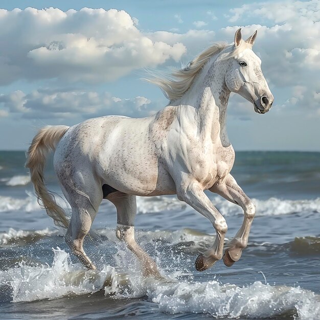 写真 美しい馬が波を駆け抜ける