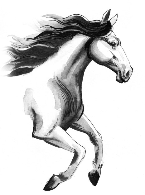 Beautiful horse head. Ink black and white drawing