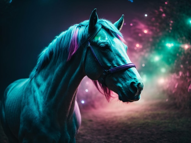 Beautiful horse portrait at night with firework in the background