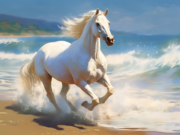 Photo beautiful horse run along the shore of the sea generative ai