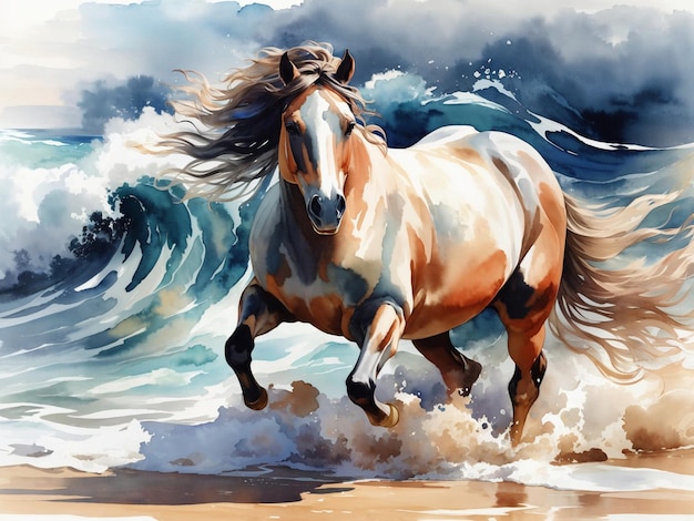 Красивая лошадь бежит по пляжу в волнах океана абстрактная акварель абстрактная картина