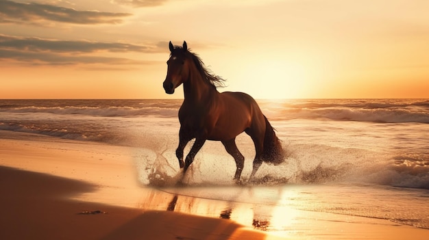 夕日の写真でビーチを走る美しい馬 Ai 生成アート