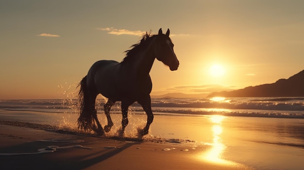 Beautiful horse running beach at sunset photo Ai generated art