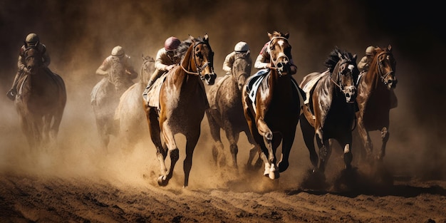 レースに参加する美しい馬と騎手 埃っぽい競馬場でのスポーツ イベント ジェネレーティブ AI