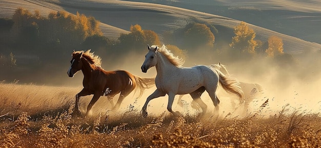 Photo beautiful horses running in the field