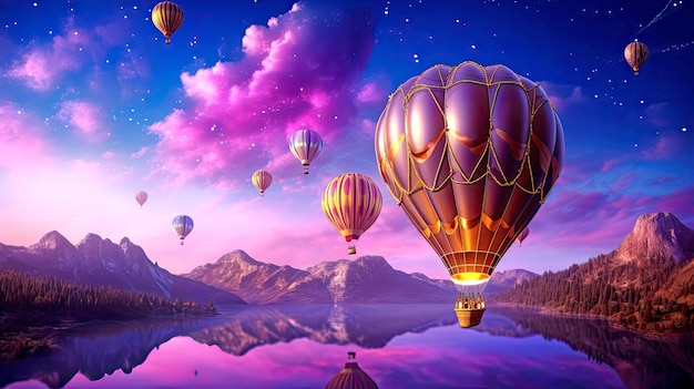 美しい熱気球 夕方の星空と山の湖の風景 背景 AI