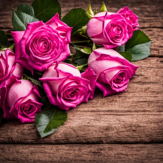 Foto beautiful hot pink roses on wooden background