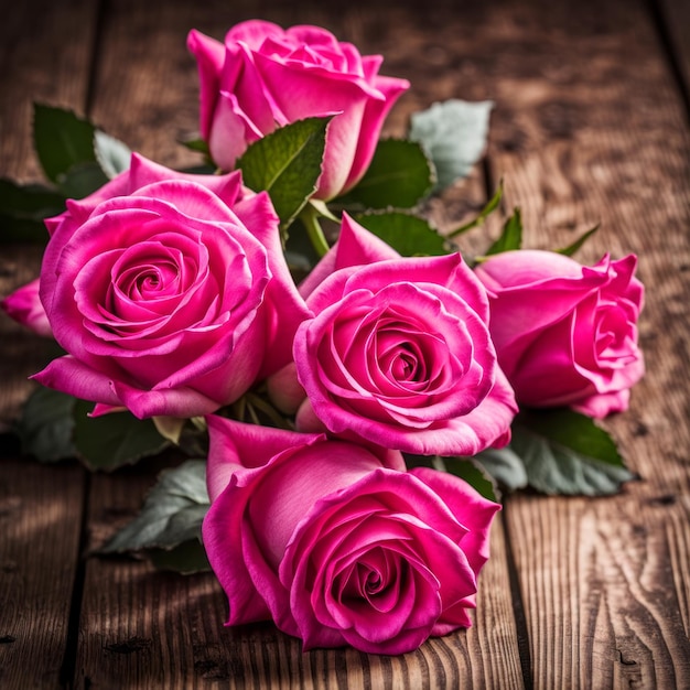 Foto beautiful hot pink roses on wooden background