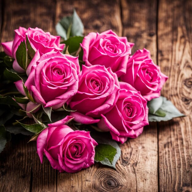 Beautiful Hot Pink roses on wooden background