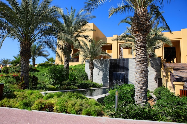 Beautiful hotel complex on the beach Front view Empty resort is closed for quarantine Buildings in the Arabic style