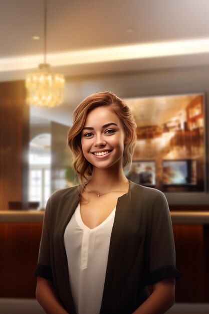 Beautiful hotel receptionist standing at the counter Generative AI