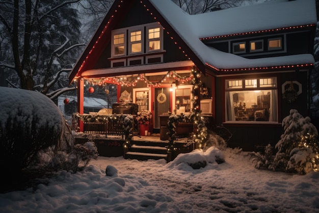 Beautiful house decorated for Christmas Winter scene Snow on the roof ground and trees