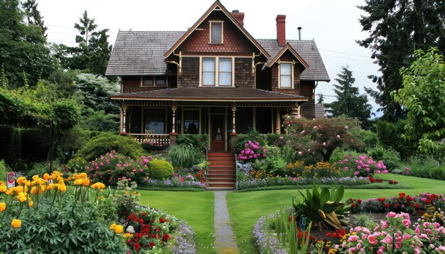 Beautiful house in the garden with flowerbeds and flowers Gardening concept