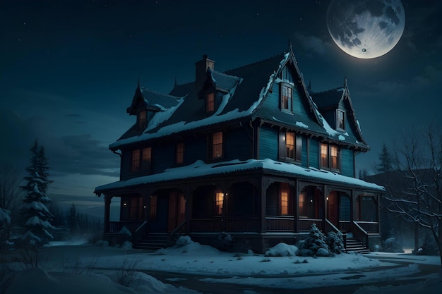 月を背景にした丘の上の美しい家