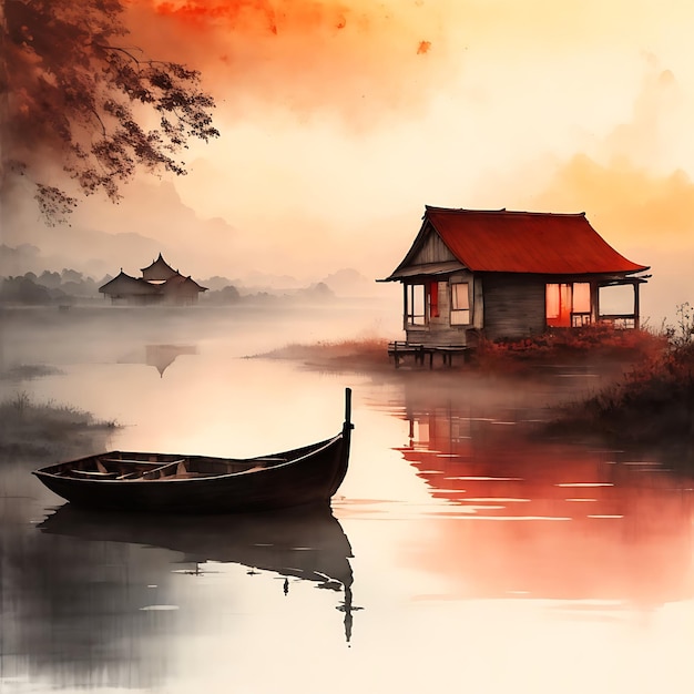 A beautiful house lake and boat