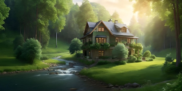 森の真ん中に美しい家 緑の自然 川のほとり 太陽の光が家に