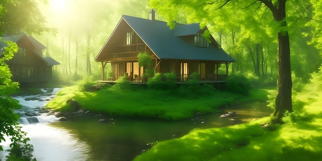 Beautiful House in the middle of the forest green nature riverside Sunrays on the house