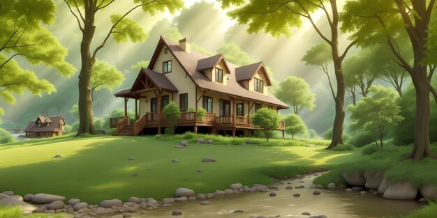 Beautiful House in the middle of the forest green nature riverside Sunrays on the house