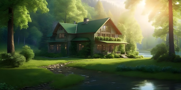 숲 한가운데에 있는 아름다운 집, 푸른 자연, 강변, 집 위의 빛