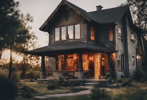 Photo beautiful house in the middle of the forest at sunset