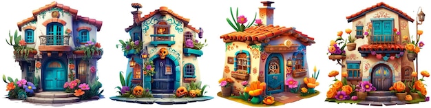 Beautiful house with flowers in the time of the Day of dead in Mexico on a white background