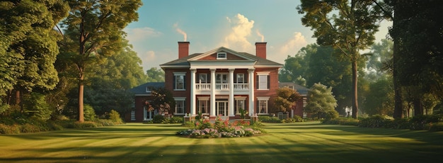 Photo beautiful house with lawn and greenery in the sun