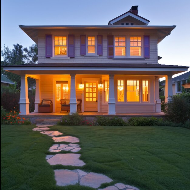 A beautiful house with a lawn and a stone path