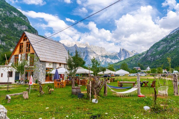 Beautiful houses and cafes in the valley of Theth national park Albania albanian alps