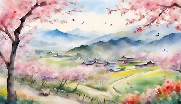 Beautiful houses mountains and birds in the pink blossoms Watercolor landscape painting
