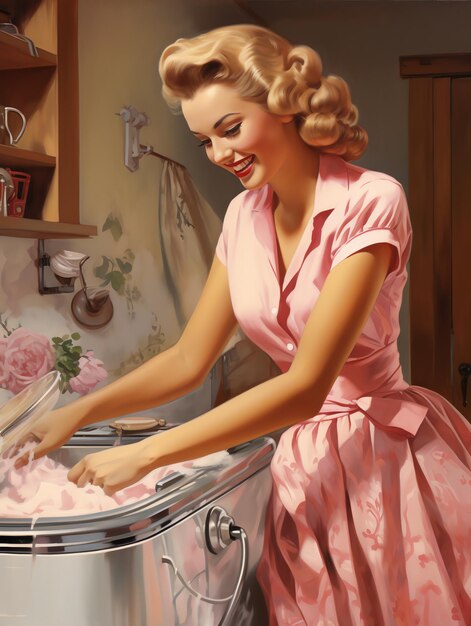Photo beautiful a housewife doing laundry with a wringer washer housewife from 1950 theme illustration