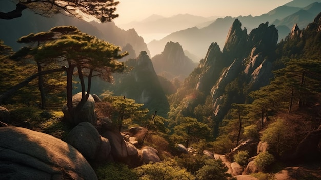 Beautiful Huangshan mountains landscape at sunrise in China Generative AI